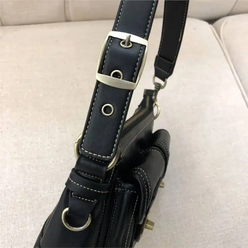 Bloom Vintage Moto Biker Black Shoulder Bags Women Retro High Street Leather Chic Pocket Underarm Bag Ladies Y2k Handbag Purse