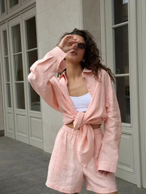 Bornladies Women's Cotton Casual Shorts Set Solid Color Lapel Long Sleeve Shirt Elastic Waist Shorts Outfit Daily Vacation Wear