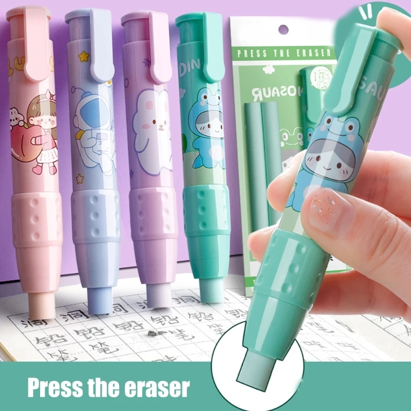 Retractable Mechanical Erasers Cartoon Pushable Erasers Pencil Erasers with Replacement Refills for School Office