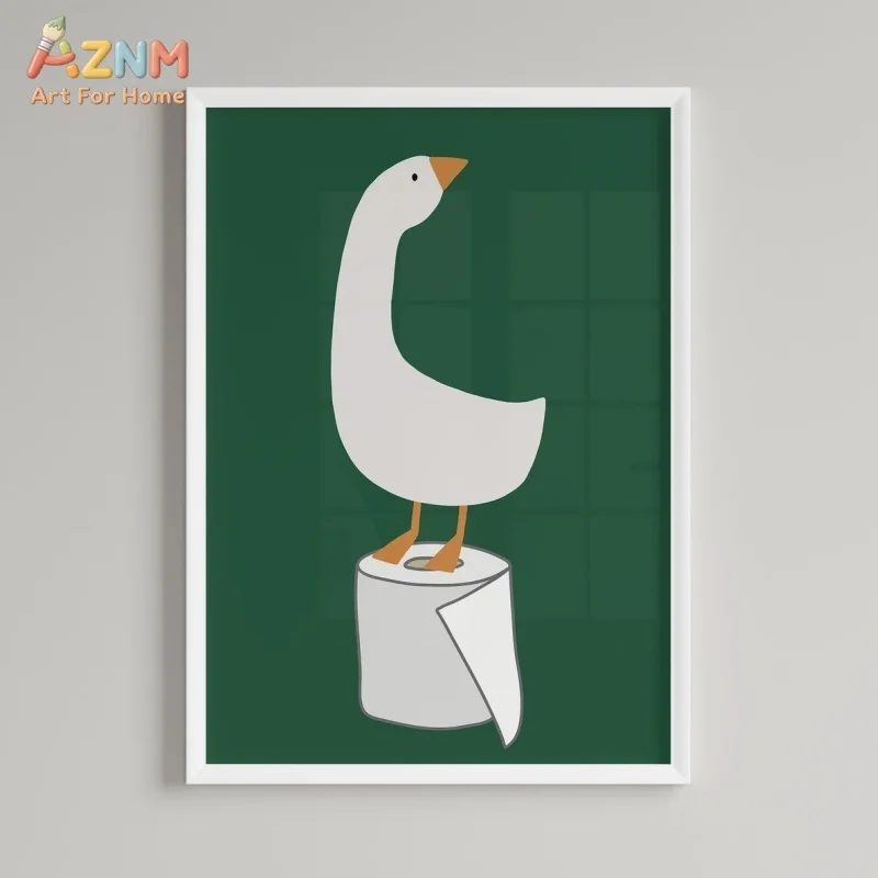 AZNM Dark Green Funny Duck Standing On Toilet Paper Roll Canvas Wall Art Cute Cartoon Goose Minimalist Print Humorous Bathroom R