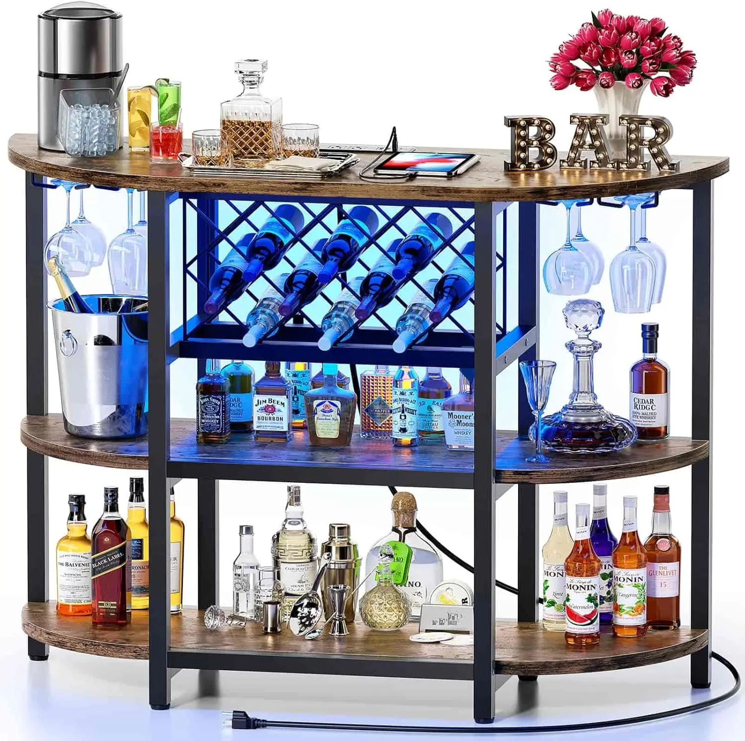 

Zarler Bar Table Cabinet with Power Outlet, LED Home Mini Bar Cabinet for Liquor, Metal Wine Bar Stand with 4-Tier Storage