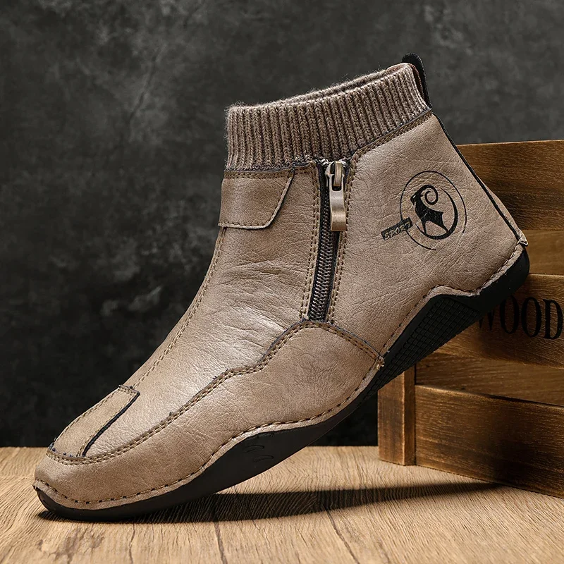 Men Leather Casual Boots Winter Warm Plush Ankle Boots Comfortable Outdoor Non-slip Mens Casual Sneakers Luxury Male Footwear