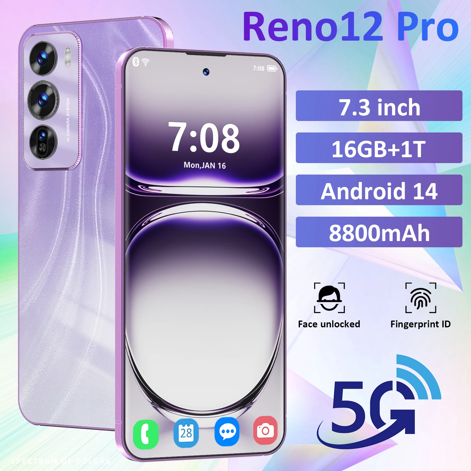

Smartphone Reno12 Pro 7.3inch HD Screen 16GB+1024GB 5G Dual Sim Qualcomm8 Gen 2 Android 14.0 Unlocked 8800mAh Cell celular