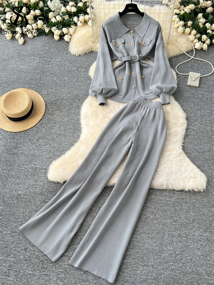 SINGREINY Winter OL Warm Two Pieces Sets Ladies Lantern Sleeves With Belt Tops+Wide Legs Long Pants Sets Slim Knitted Suits