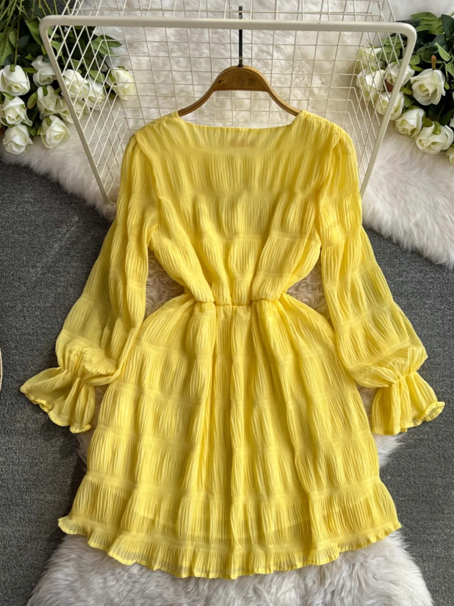 Summer Pleated Flods Short Dress for Women Runway Full Sleeve Thin Chiffon Hem Dresses New In Chic Bohemian Party Holiday 2024