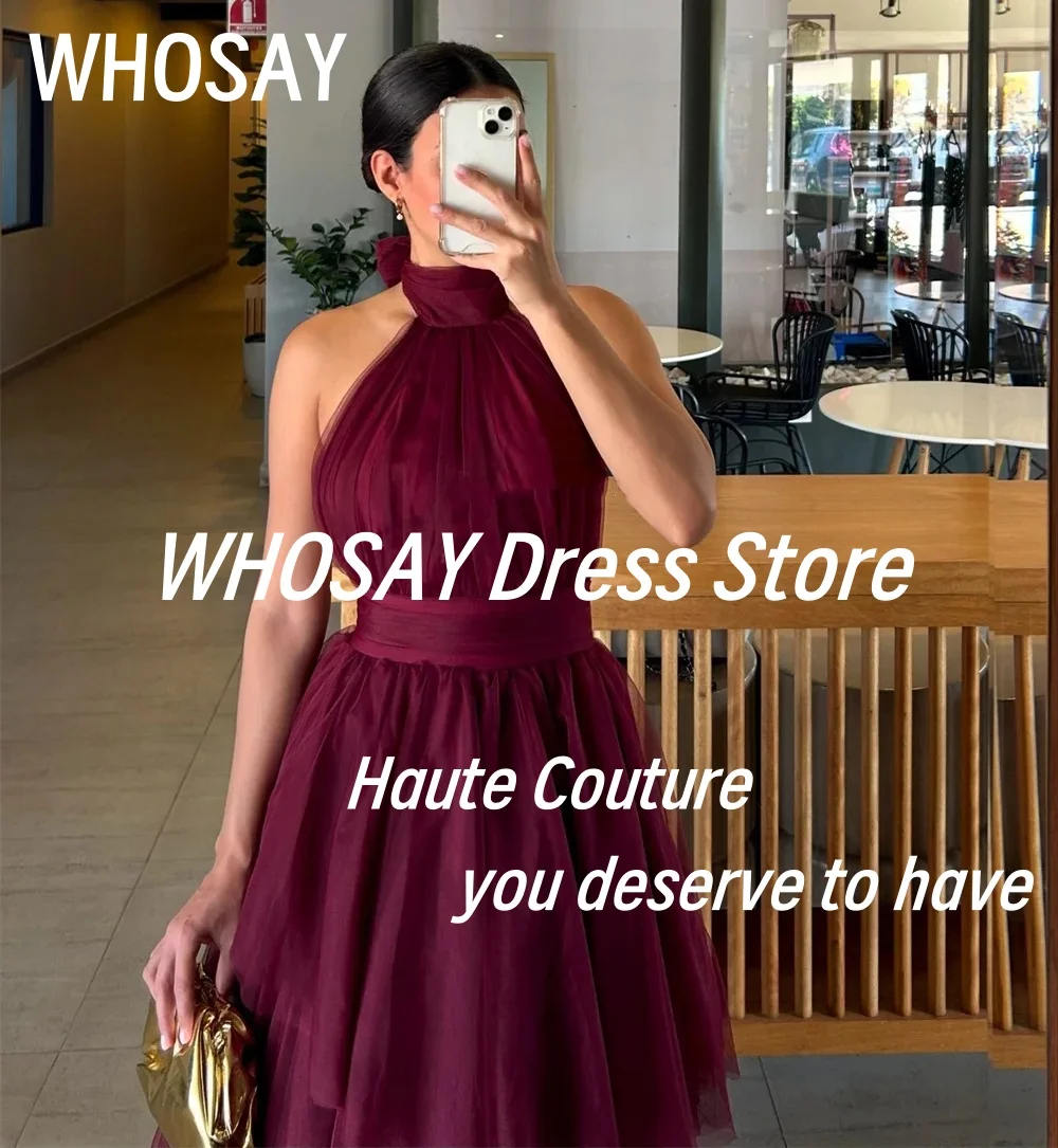 WHOSAY Halter Neck Prom Dresses Sexy Backless Cocktail Party Evening Gowns Customized Tiered Tulle Dress for Formal Occasions