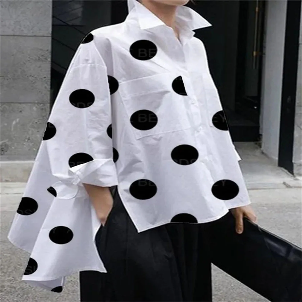 Fashion Polka-Dot Buttons Shirts Women\'s Side Split Lapel Long Sleeves Blouse Women Casual Simple Commuter Office Ladies Shirts