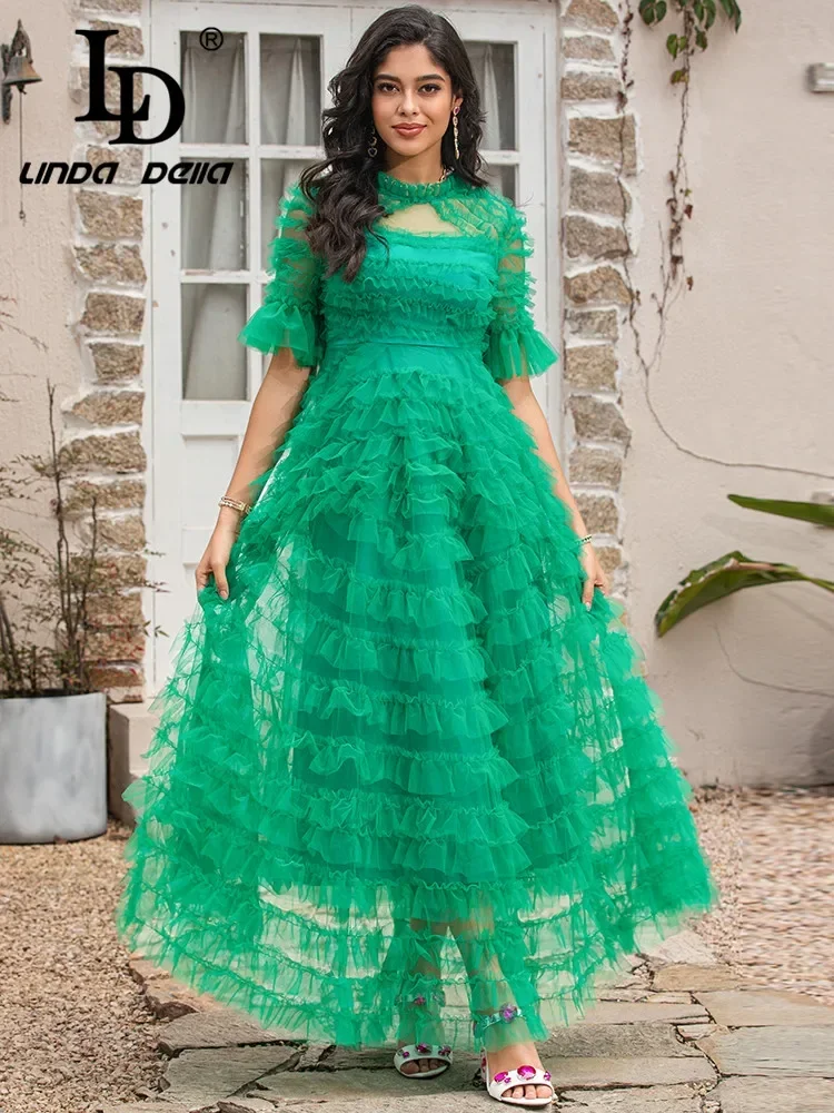 LD LINDA DELLA Designer 2024 Women's Summer Fashion Mesh Holiday Dress Short sleeve high waist Tierred Ruffles Green Long Dress