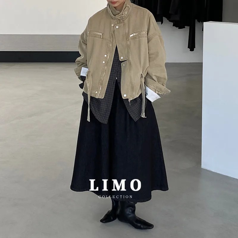 

LIMO 2025 Autumn Winter Y2K Streetwear Denim Jacket Women's Cropped Cargo Jean Jacket Double Collar Cotton Spandex