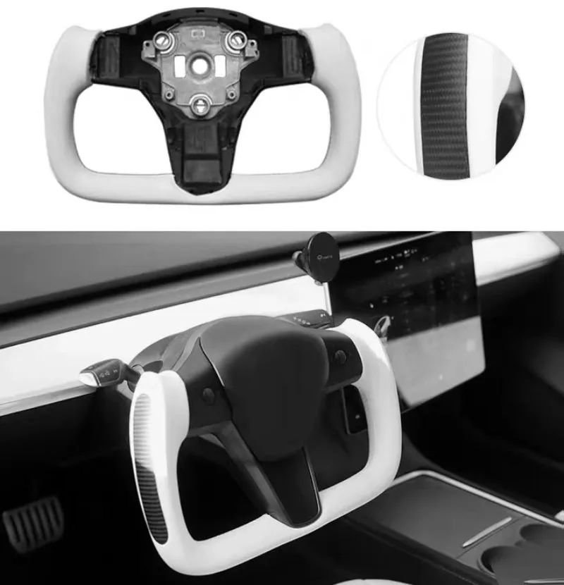 Volante con maniglia a giogo per Tesla Model 3/Y 350mm con riscaldamento accessori per auto in pelle NAPP in carbonio laterale personalizzati