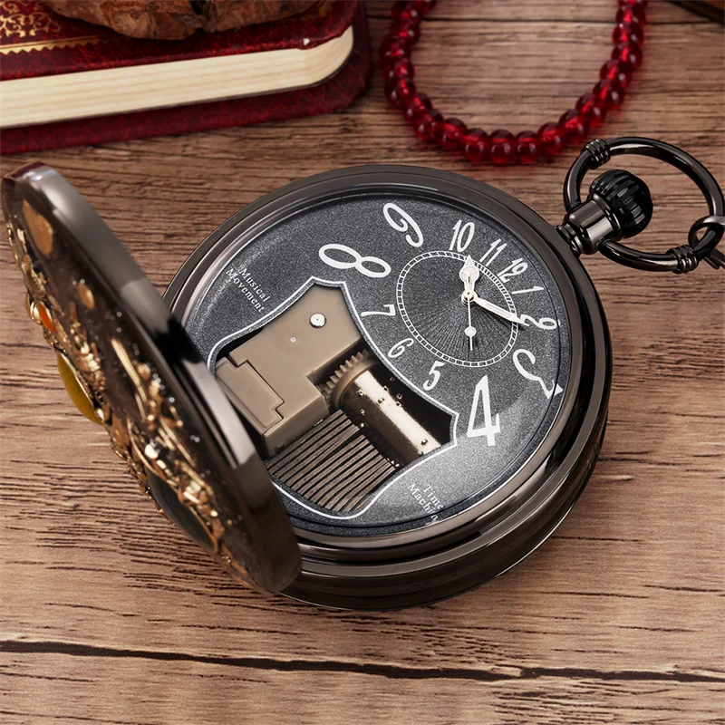 Steampunk-Stil Weltraum-Astronaut Musikalische Quarz-Taschenuhr mit Melodie aus dem Film „Castle in the Sky“, neuartige Zeitmesser mit Anhängerkette – Detail 12