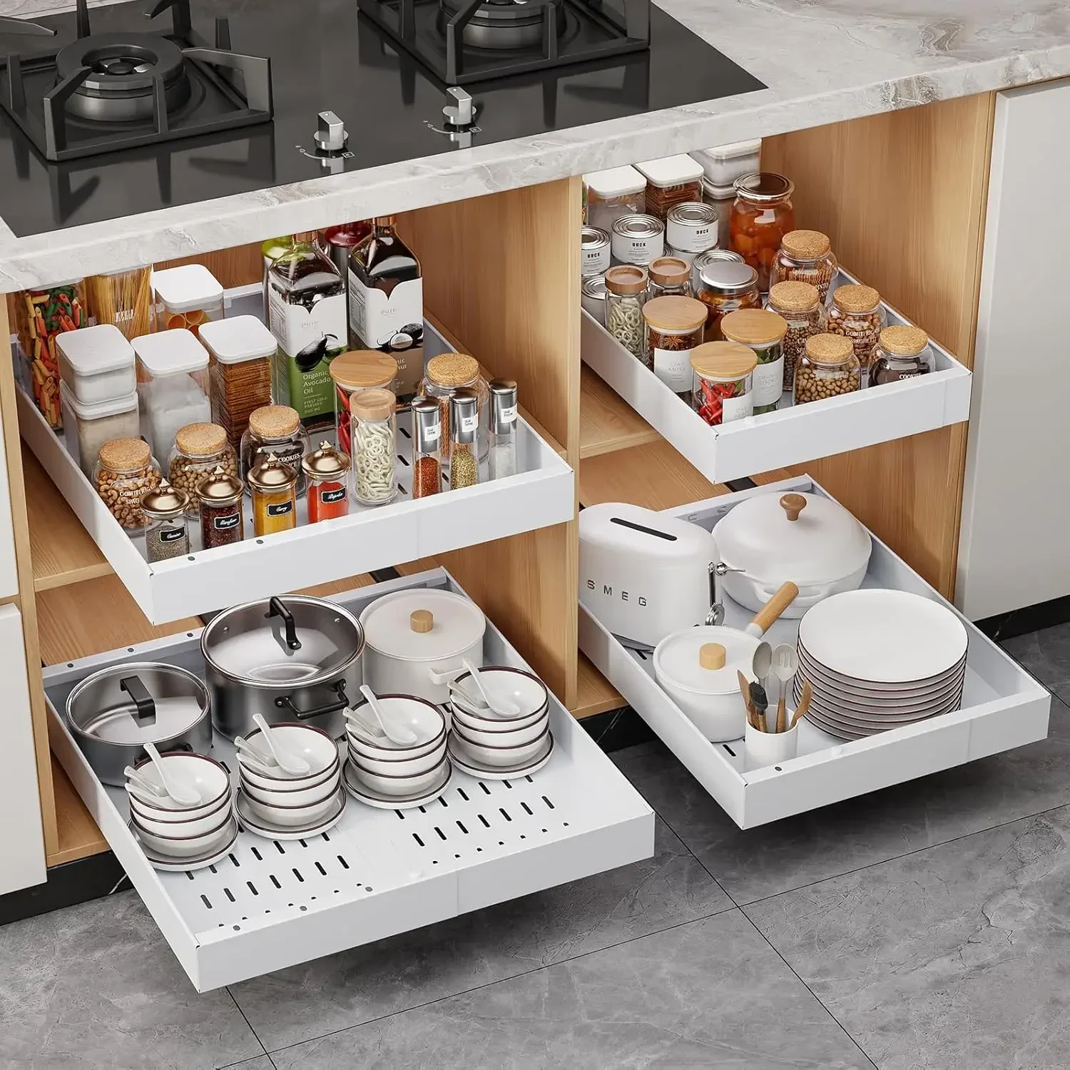 

4 Pack Pull Out Cabinet Organizer, 21" Deep Slide Out Drawers for Kitchen Cabinets, No Drill Adhesive Pull Out Drawers for Cabin