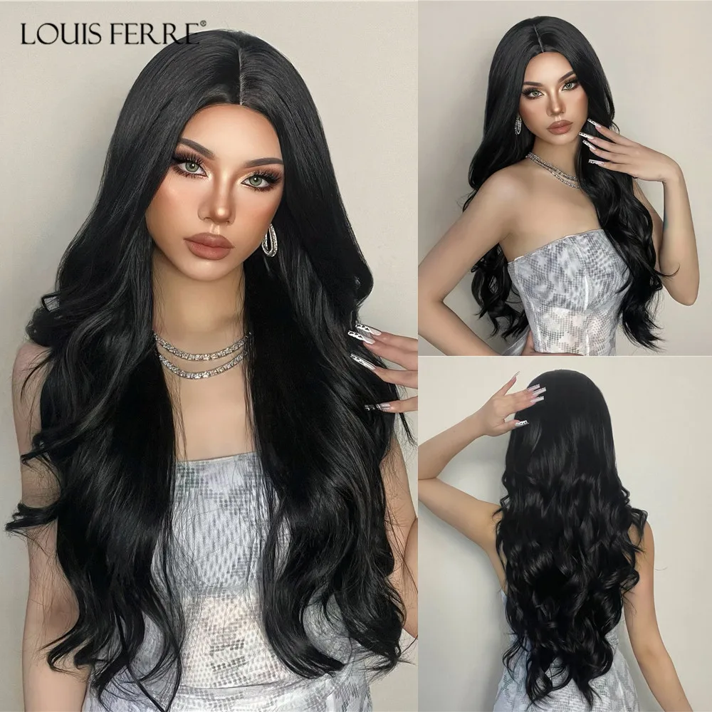 

LOUIS FERRE Long Black Body Wave Synthetic Hair Wig Middle Parting Black Natural Curly Wig for Women Daily Party Heat Resistant