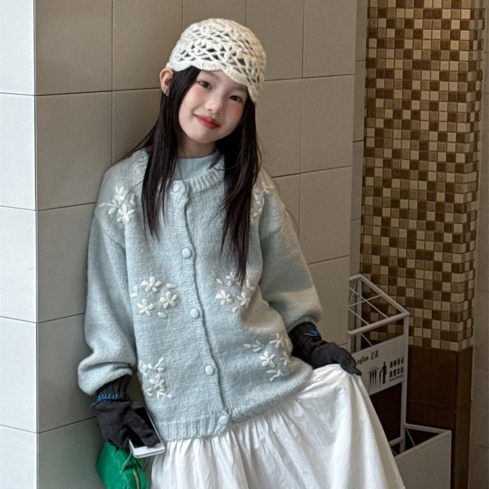 

Girls Autumn Spring Sweater 2025 New Korean Fashionable Casual Daily Long Sleeve Embroidery Single Breasted Knitted Coat
