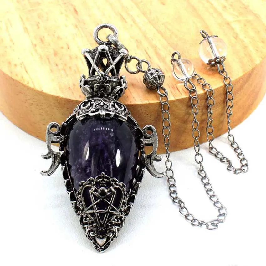 

Unique Style Ancient Silver Crystal Stone Amethyst hollow-carved design Pendant Reiki Pendulum Jewelry Divination