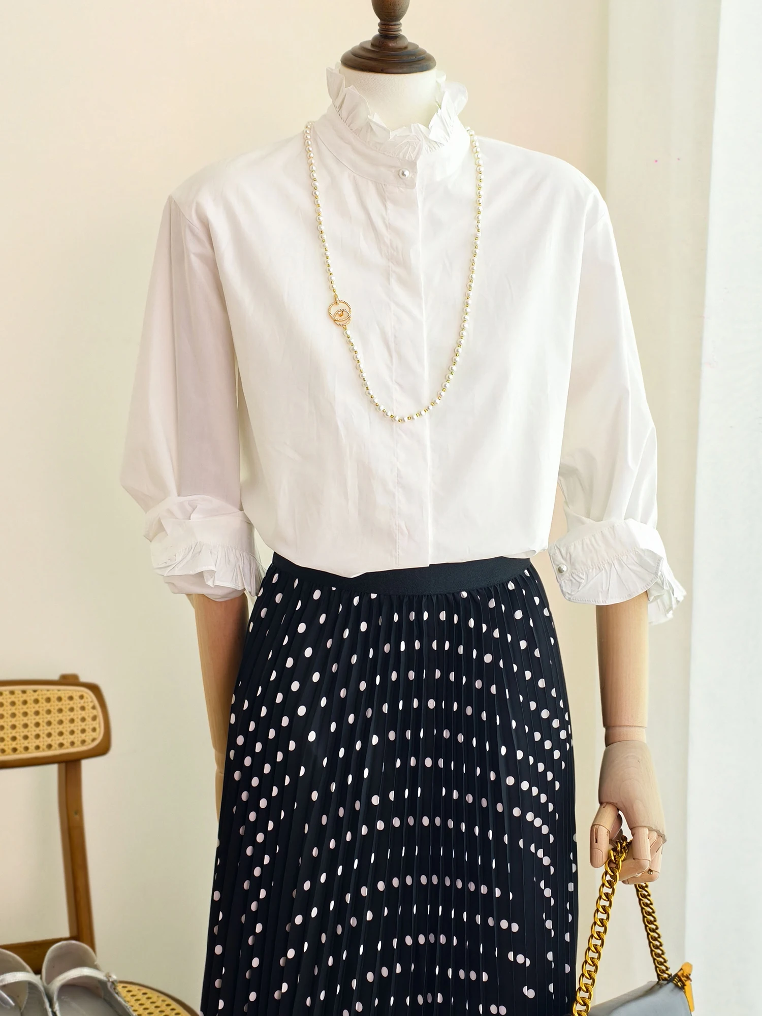 

Women's Cotton irt round Hem Gored Panel Double Layer Door Front Wood ain Spring Summer Casual Loose Fit Blouse