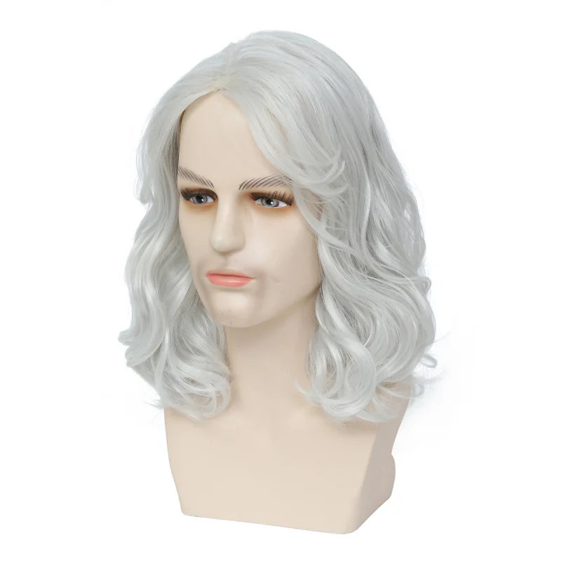 Men's , medium-length wavy synthetic hairpiece, middle-parted silver wig