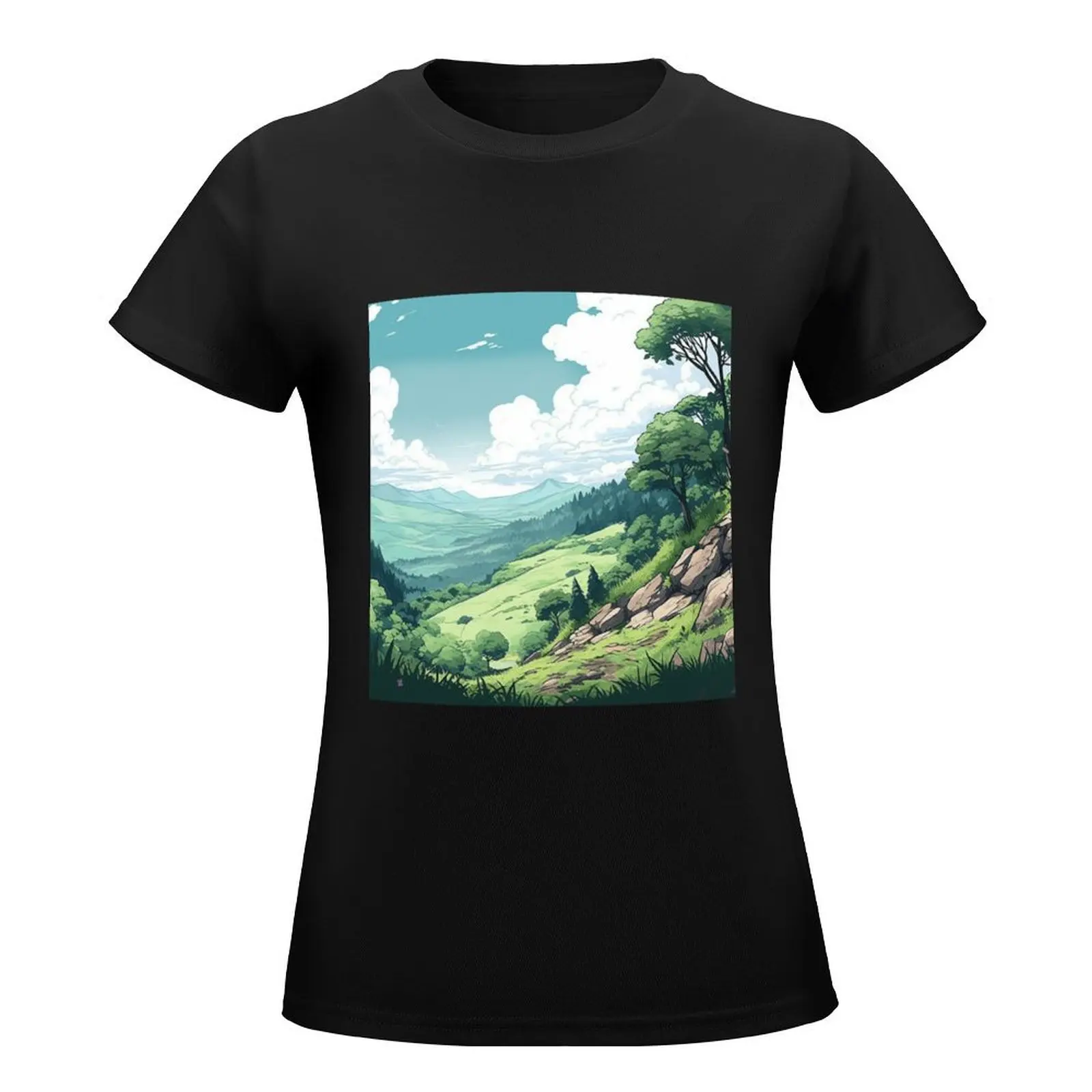 Ghibly Landscape Anime Digital art T-Shirt tops cute tops Aesthetic clothing anime clothes workout shirts for Women