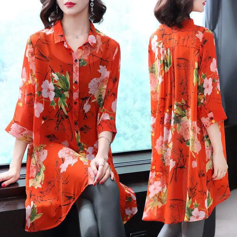 

Women's Clothing Printing Long Sleeve Elegant Spring Summer Floral Buttons Turn-down Collar Korean Fashion Blouses JJ524