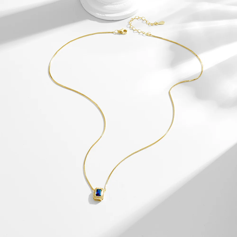 Withered S925 Pure Silver Blue Zircon Square Pendant Necklace For Women's Collarbone Chain