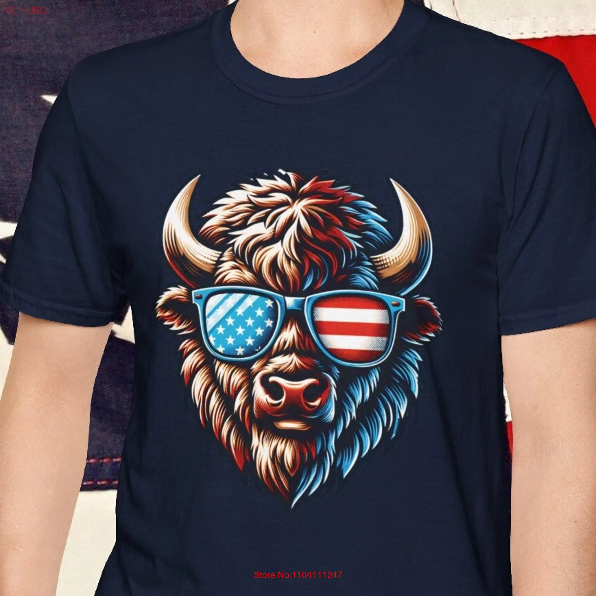 Patriotic T Shirt for July 4th Bison in Sunglasses Design long or short sleeves