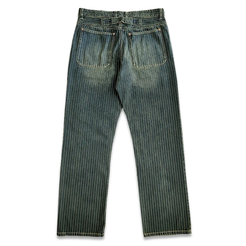 Vintage Striped Jeans for Men Straight Middle Waist Buckle Back Cargo Pants Safari Motorcycle Designer Clothes