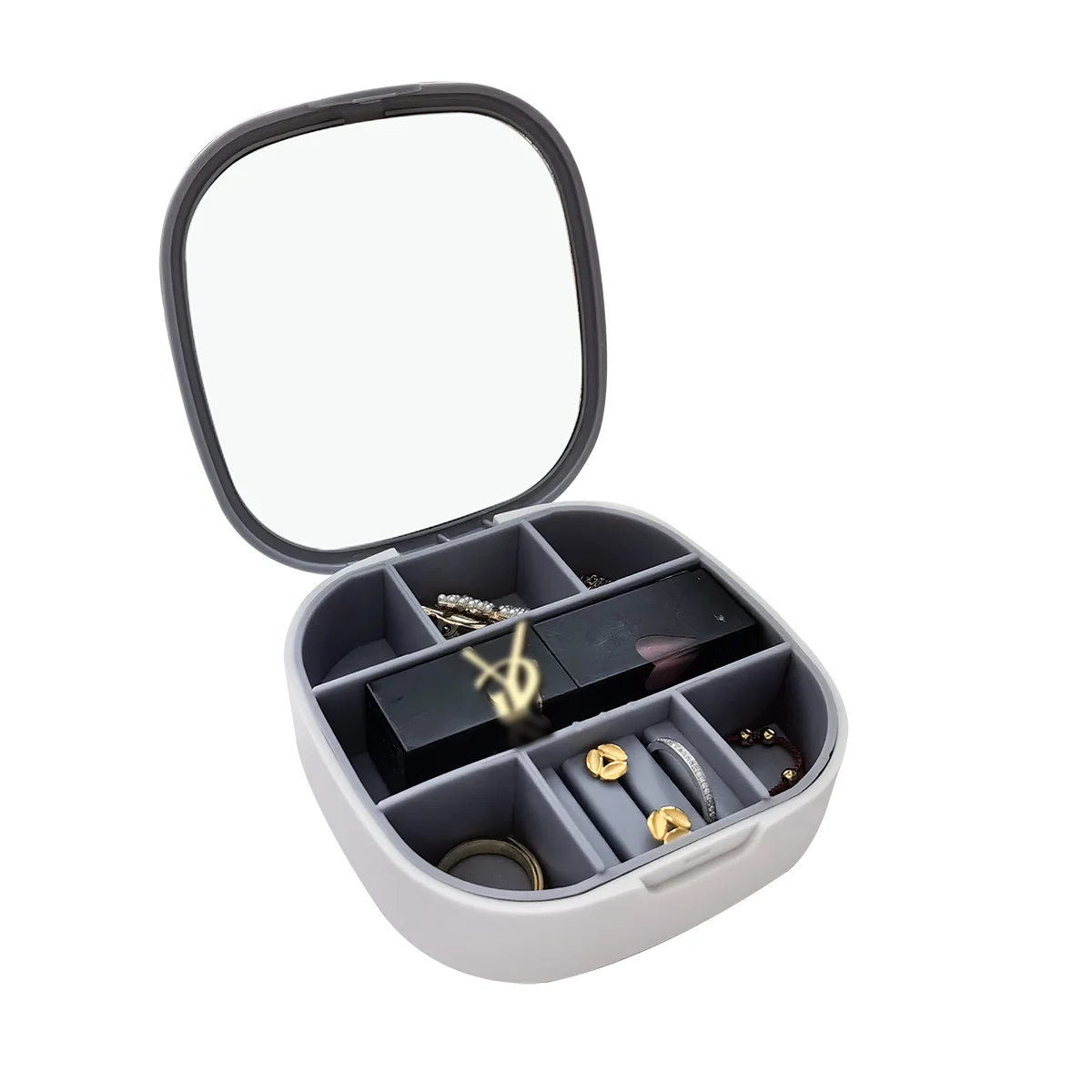 Kosmetische Schmuckaufbewahrungsbox, tragbar beim Ausgehen, mit Spiegel, Ring, Halskette, Schmuckschatulle, Damen-Haarschmuck, Ohrringe, Ohrringe, exquisite Schmuckaufbewahrungsbox