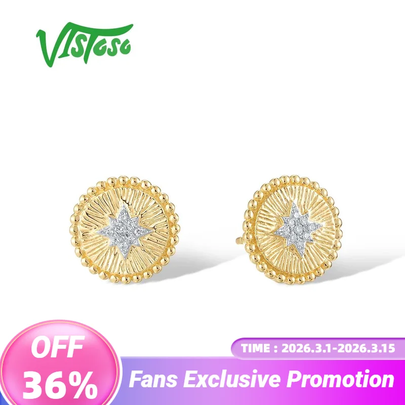 

VISTOSO Pure 14K 585 Yellow Gold Earrings Stud For Women Sparkling Diamond Simple Antique Round Glamorous Wedding Fine Jewelry
