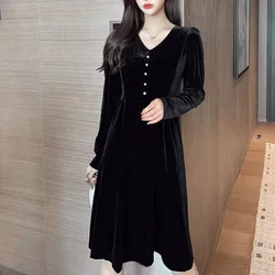 Women's Clothing Commuting Versatile Autumn Winter New Splice Buttons V-neck Long Sleeved Solid Color A-line Mid Length Dress