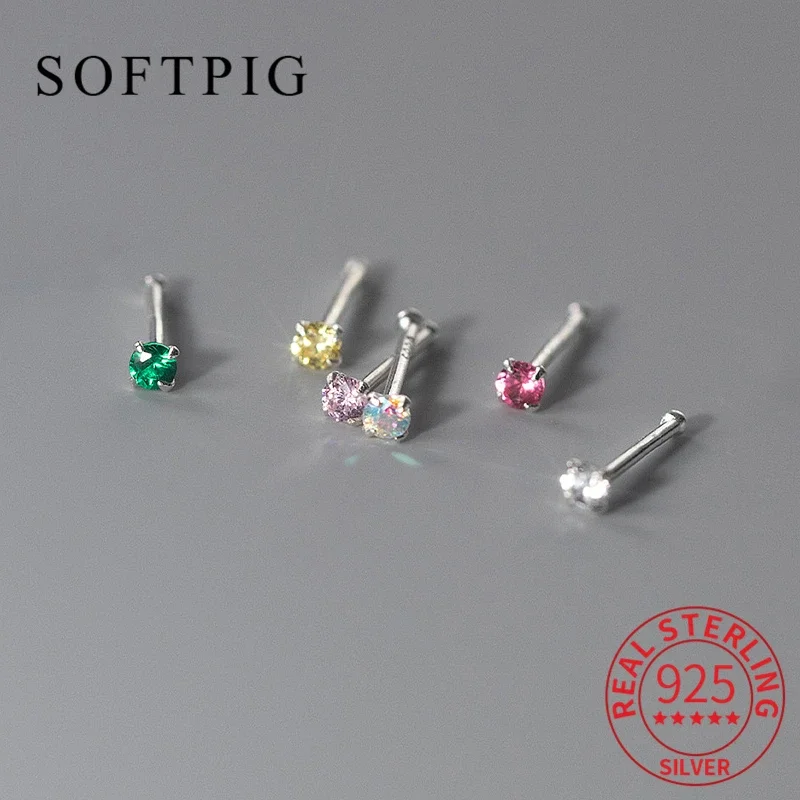 SOFTPIG Real 925 Sterling Silver 2mm Single Zircon Mini Stud Earrings for Women Non Removable Beads Color Ear Hole Fine Jewelry