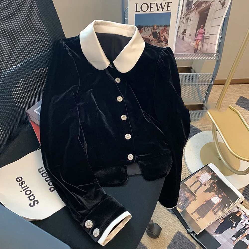 Women Velvet Turn-down Collar Black Coat Long Sleeve Single Breasted Design Spring Autumn New Fashionable Western Style Top