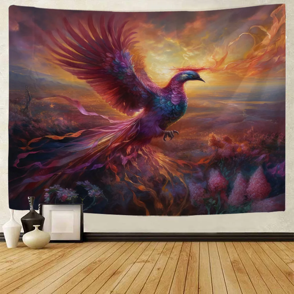 

Fantasy Phoenix tapestry, Flame Bird, psychedelic animal, home decoration wall hanging cloth, dormitory, studio, wall decoration