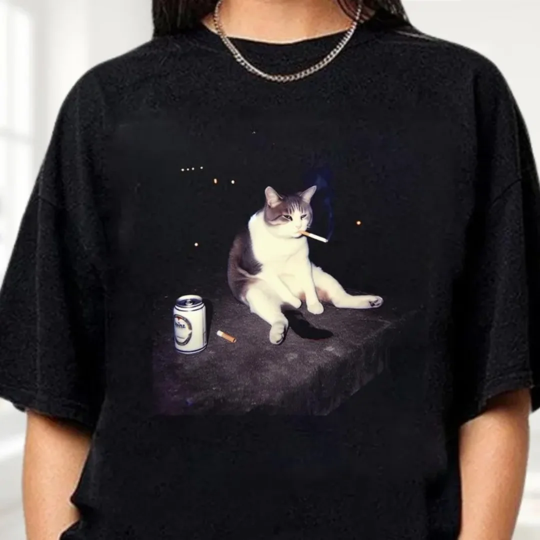 Vintage Smoking Cat Beer Can Meme Graphic T Shirt Men Women Grunge Dark Y2K Streetwear Funny Weird Animal Short Sleeve Tops