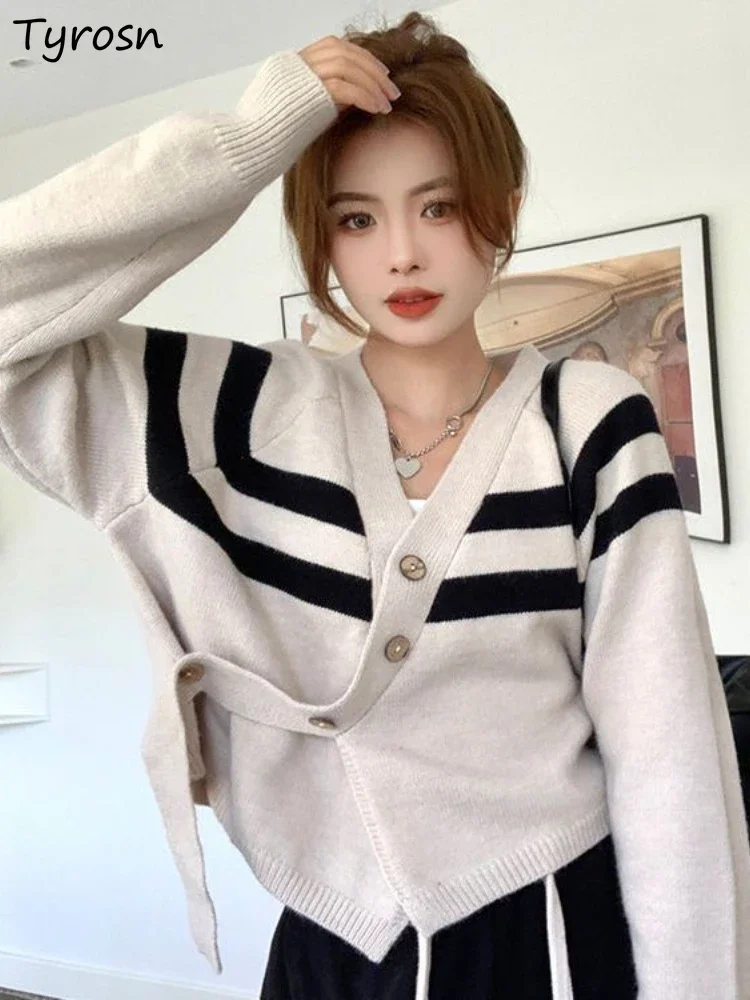 

Cardigan Women Autumn Sweet Fashion Striped Daily Students Tender V-neck Elegant Stylish Korean Style Simple Basic Cozy Retro