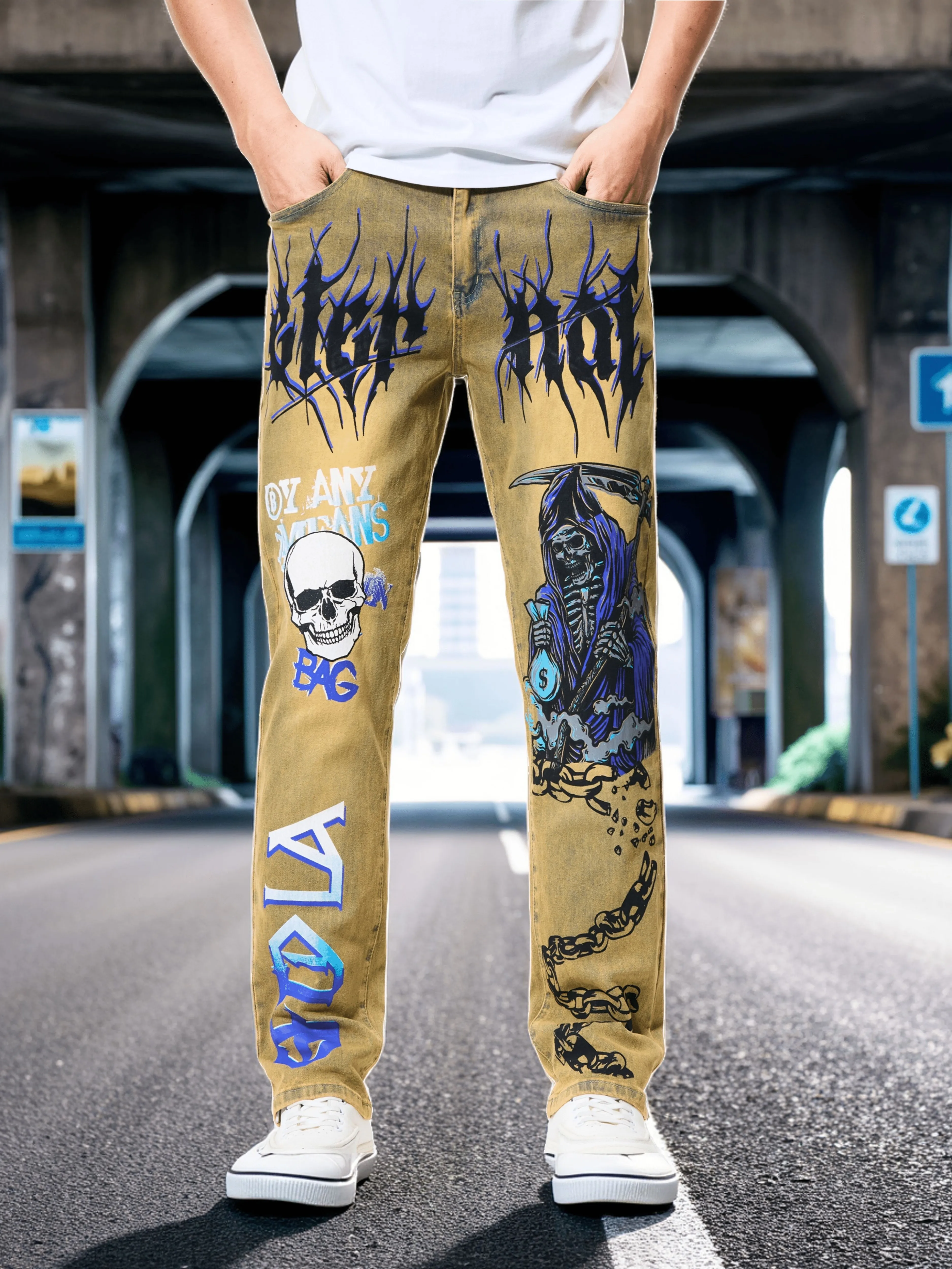 Latest street style vintage Y2k distressed print Reaper sickle straight jeans