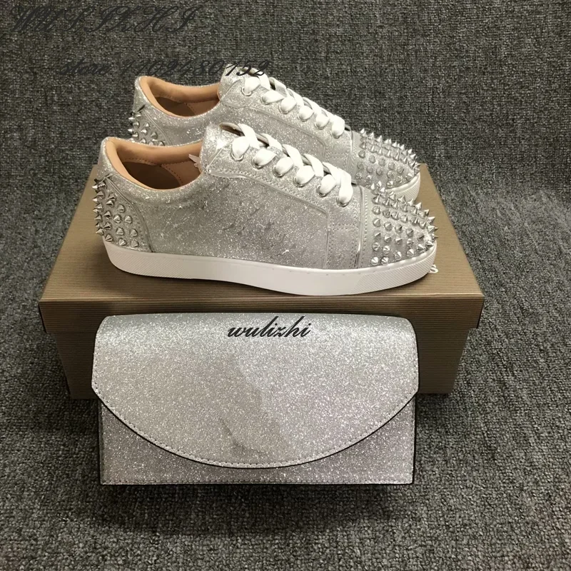 Flat Rivet Silver Casual Shoes Women Clutch Design Crystal Sneakers Luxurious Round Concise Couple Metallic Glitter Lace Up Shoe