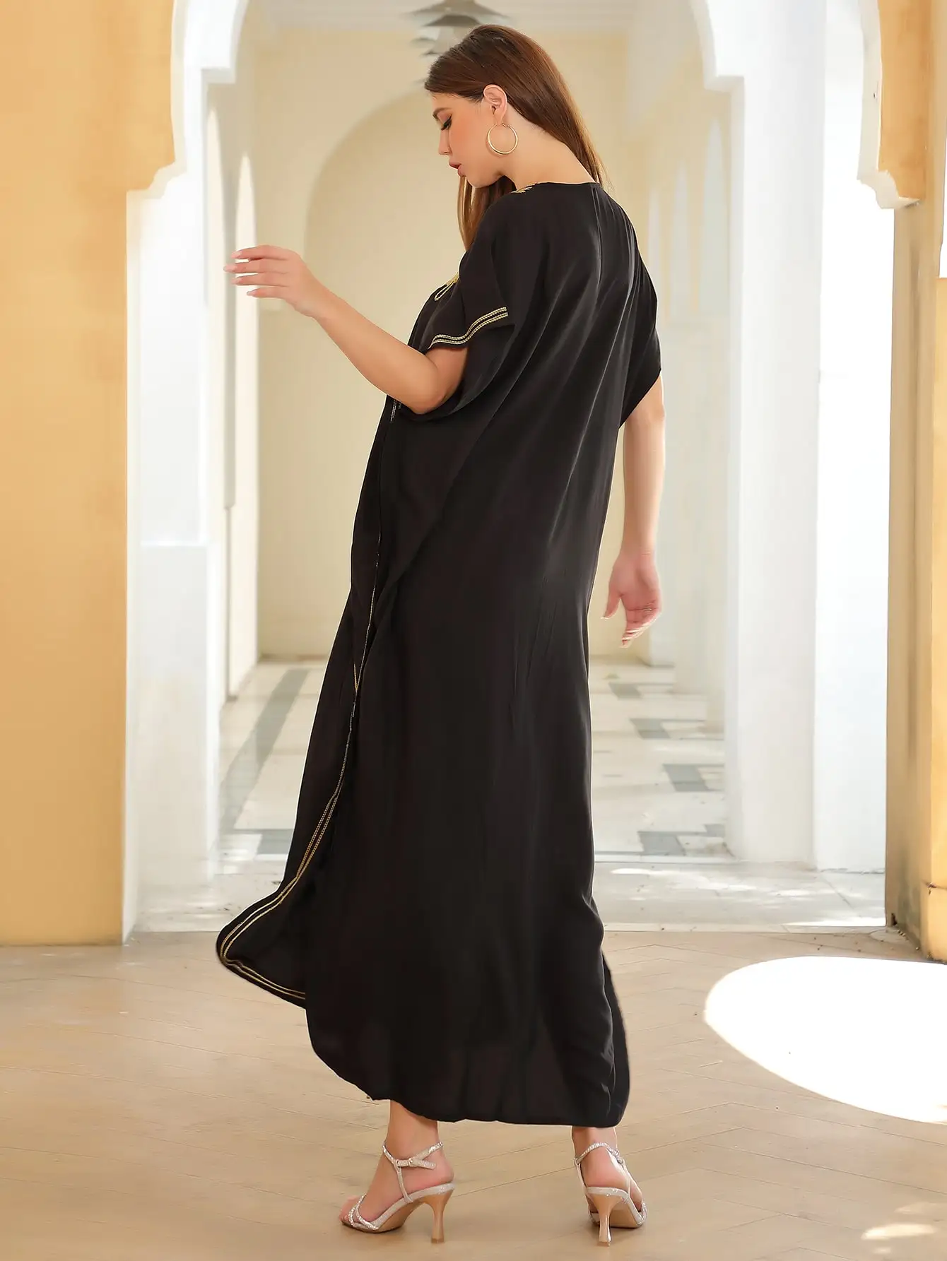 2024 Summer New Black Embroidery V Neck Side Slit Dress For Women Clothing Causal Short Sleeve Beach Wear Kaftan Dresses Q660