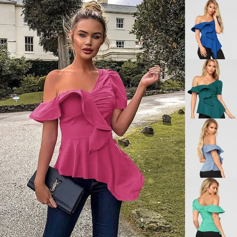 

Women Summer Cold Shoulder T-Shirts Fashion 2023 Solid All-Match Streetwear Female Casual Irregular Hem Tops Tunic Plus Size Y2k