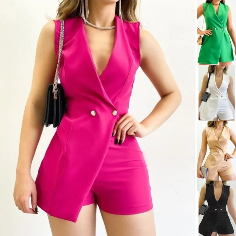

Woman Short Jumpsuit Slim Fit Solid Color Sleeveless Sexy Deep V Neck Fashionable One Piece New High Waist Suit For Female