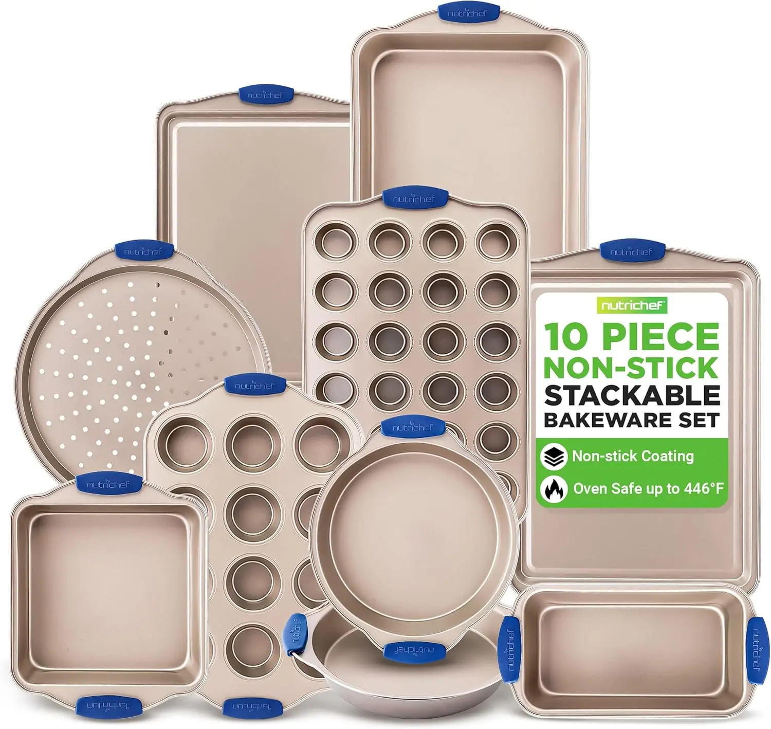 

10-Piece Nonstick Bakeware Set with Silicone Handles, Oven Safe to 450°F, Stackable Design for Easy Storage