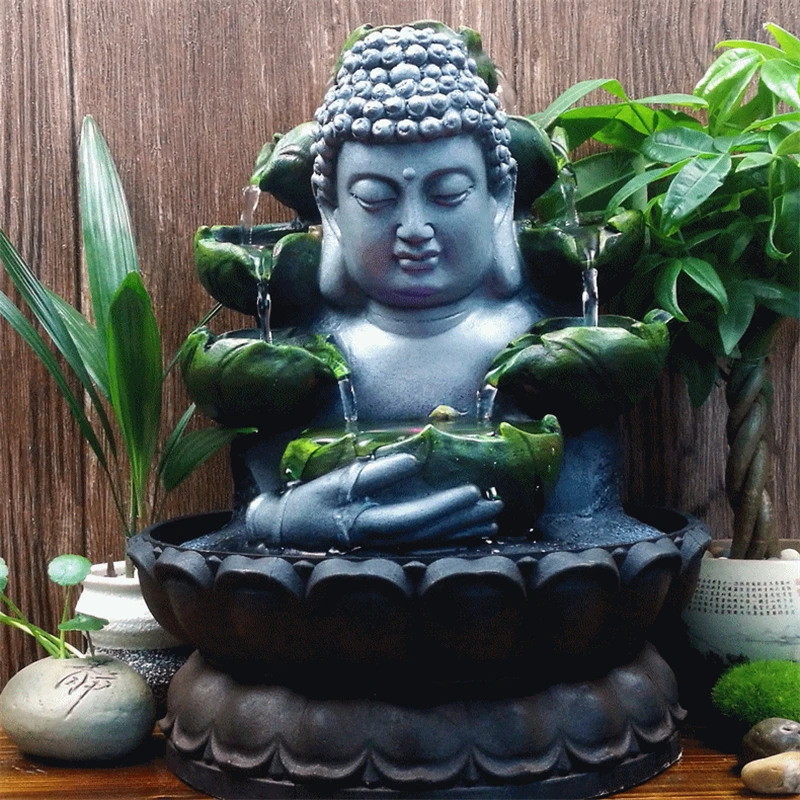 Home Decorations Resin Flowing Water Waterfall Led Fountain Buddha Statue Lucky Feng Shui Ornaments Landscape Decor