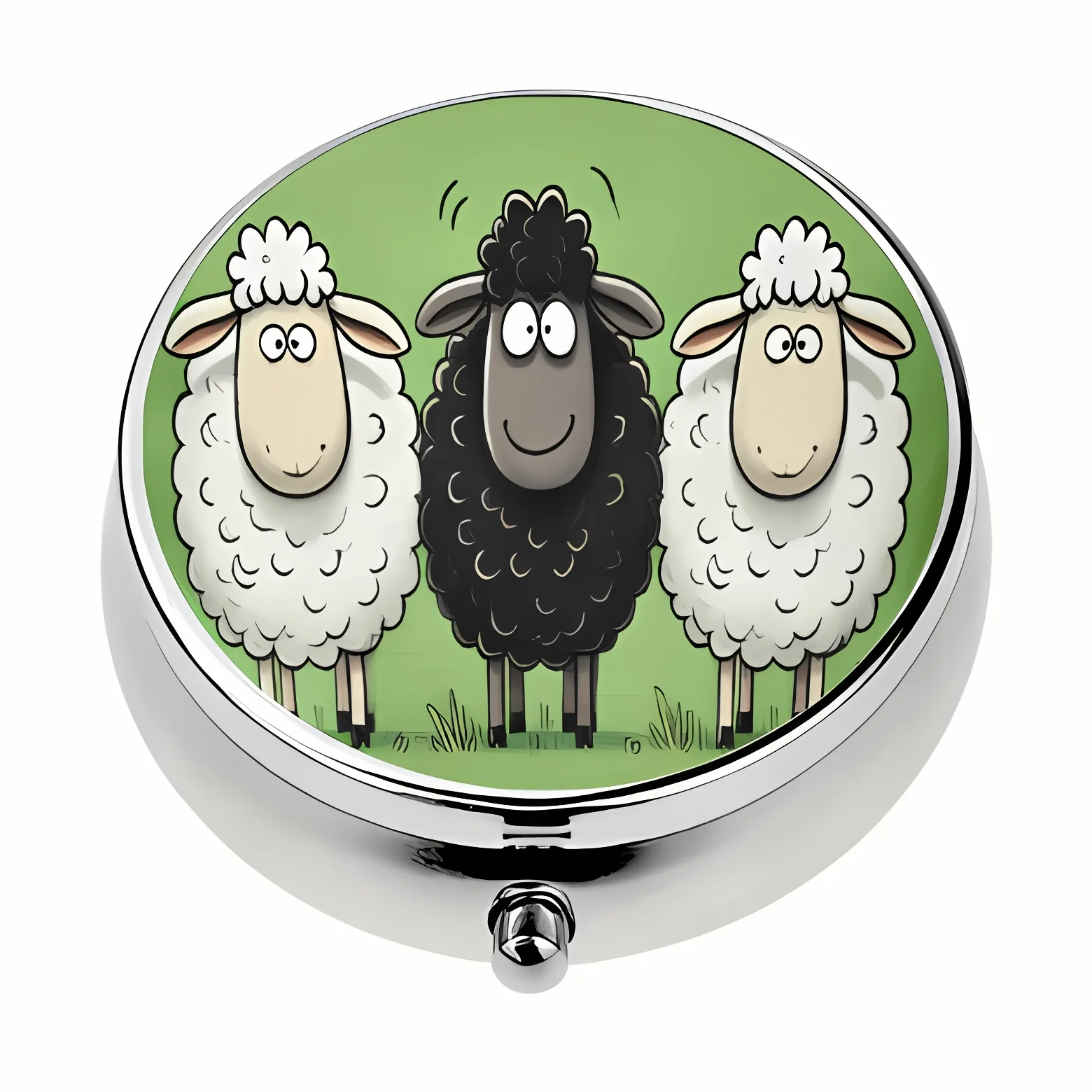 1Pc Round Portable Metal Pill Box, Printed with Cute Black and White Sheep Pattern, Portable Metal Pill Box, Mini Vitamin Storage Box, Fun On-The-Go Box, Unique Gift Suitable for Purse or Travel