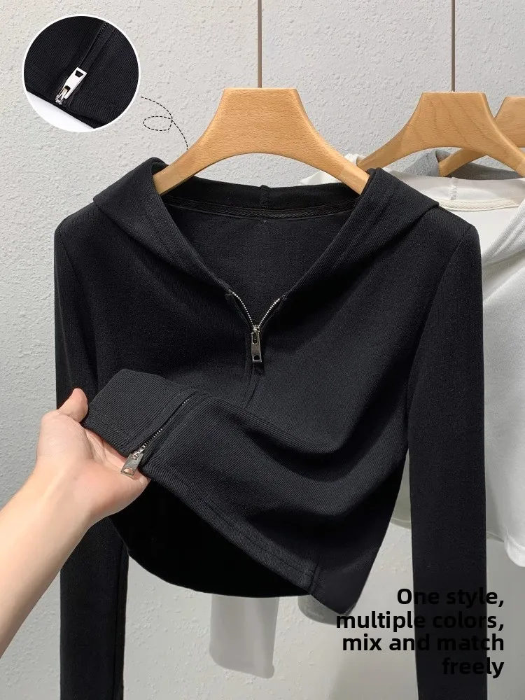 Bla hoodie feminino primavera outono 2025 novo sle fino ajuste ort zíper cabeça dupla capuz longo sve topo coreano sle commute