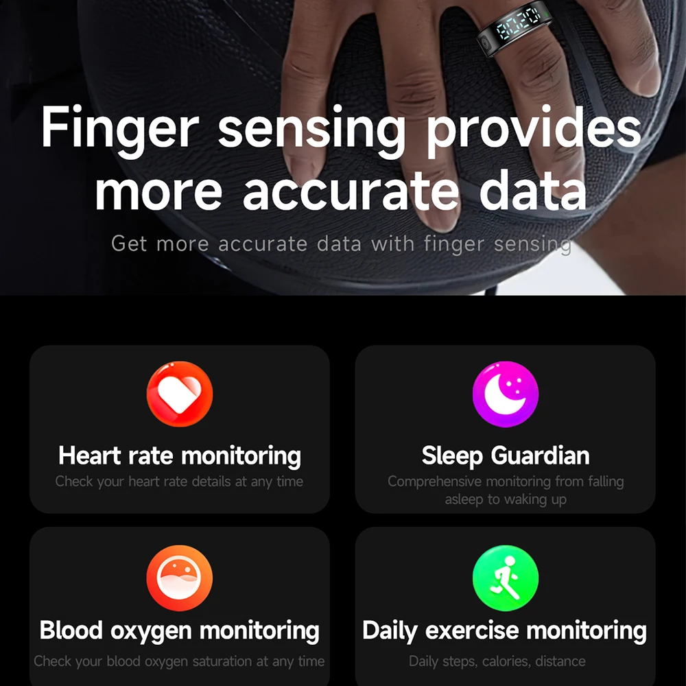 SR08 Moda Smart Ring Display Schermo Smart Touch Acciaio inossidabile 5ATM IP68 Anello da dito impermeabile Health Tracker Uomo Donna