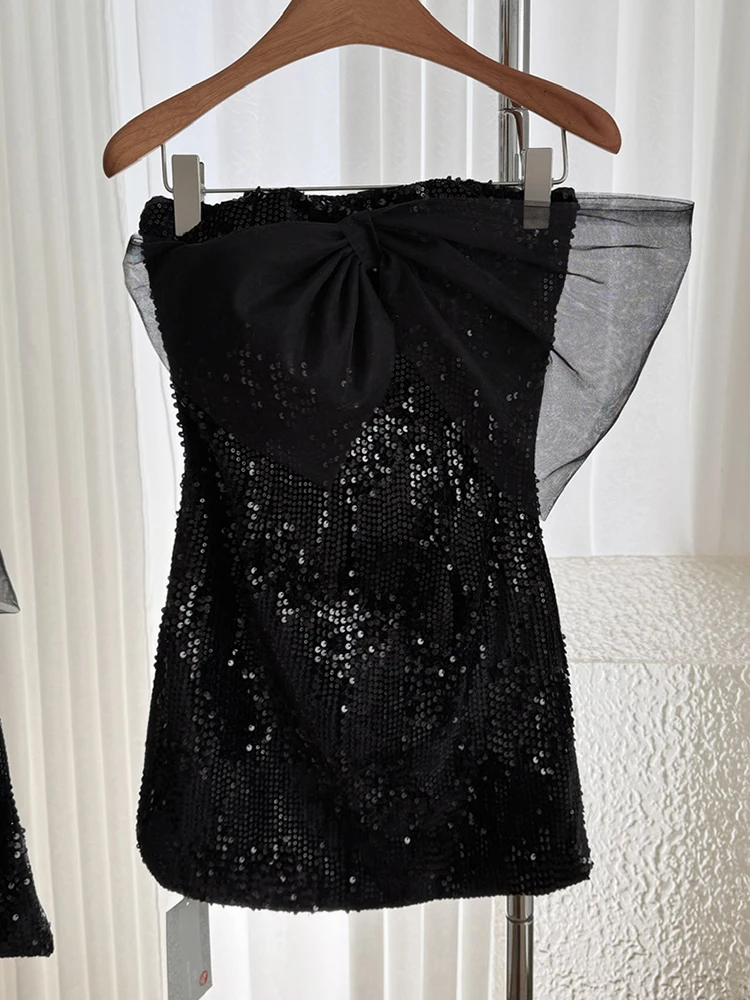 Robe de soirée noire avec coussin de poitrine pour femme, mini robes courtes, nœud en maille, paillettes, élégante, nouvelle mode coréenne, 2025