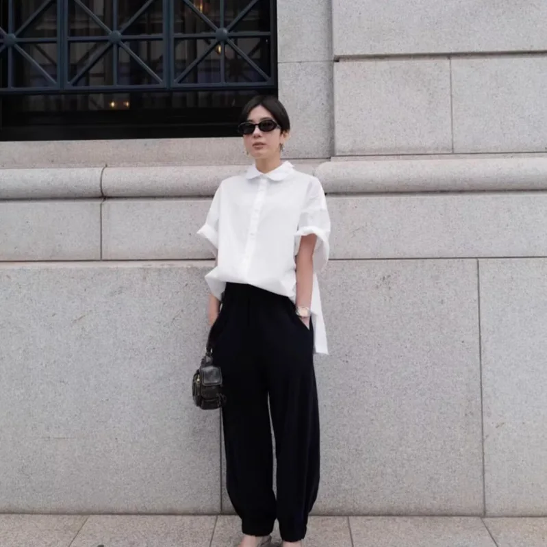 

Gagarich 2025 Summer New Style Japanese Simple Single Breasted Five Quarter Sleeve Shirt Doll Neck Small Fashion Commuter Top