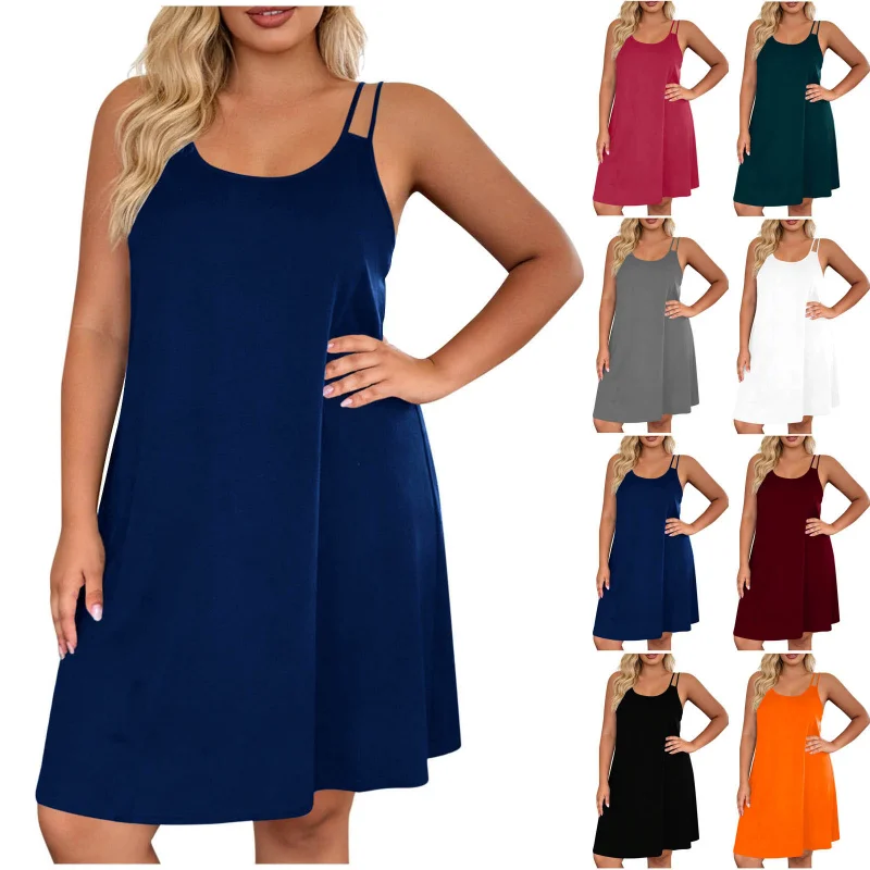 

Plus Size Women Summer Sling Dress Fashion Casual Soft Skin-Friendly Breathable Ladies Sleeveless Nightgown Loungewear
