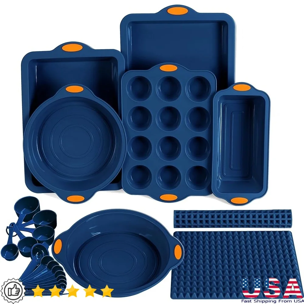 

8 in 1 Silicone Baking Set 6 Cake Molds 2 Silicone Baking Mat Nonstick Cookie Sheet Cake Muffin Bread Pan with Grips and Metal