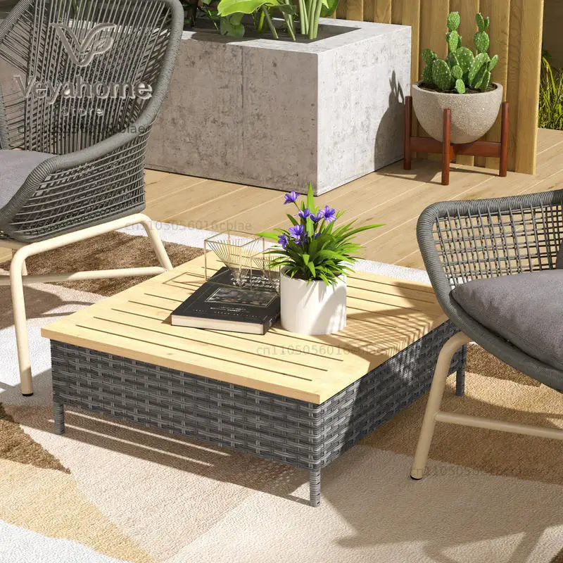 Outdoor Side Table with PE Rattan, Patio End Table with Natural Fir Wood Top, Weather Resistant Accent Table for Patio Pool P