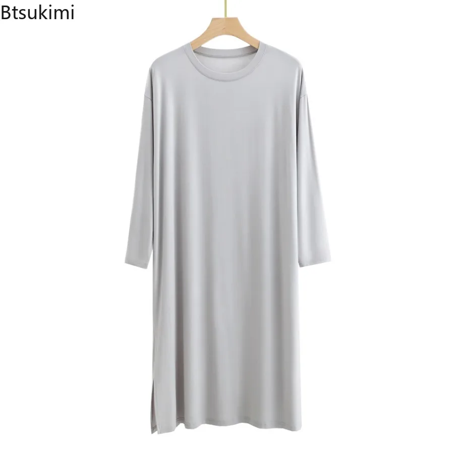 New 2024 Men\'s O-Neck Long Sleeve Robes Homewear Mid-long Knee Length Soft Comfortable Modal Nightwear Men Solid Thin Bathrobe